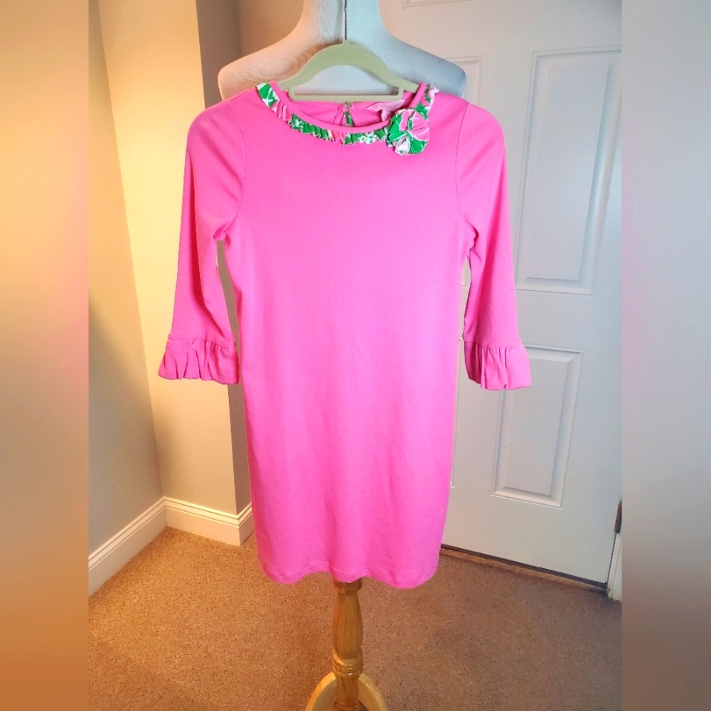 Lilly Pulitzer Girls Pink Dress with Floral Trim